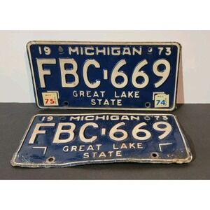 Michigan Pair 1973 Blue License Plates FBC-669  Glass Bead Schmaltz Paint